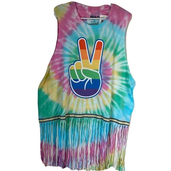 Mad Engine Unisex NWT Pride Tie Dye Peace Fringe Hem Tank TShirt Top Size XL - Picture 2 of 9